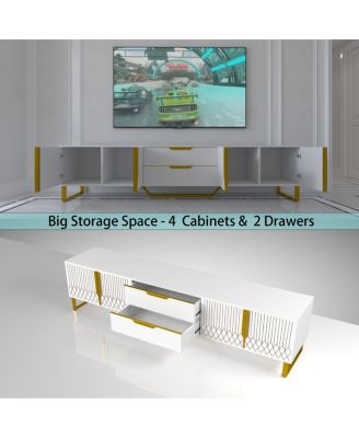 Streamdale White TV Console with Carved Design, Metal Legs, Large Storage