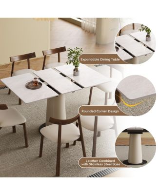 Retractable Rock Slab Dining Table Set, 7-Piece Expandable Table with 6 Chairs & Leather Base