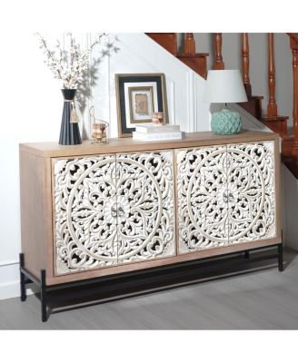 Streamdale Vintage Carved 4-Door Wood Cabinet with Metal Base