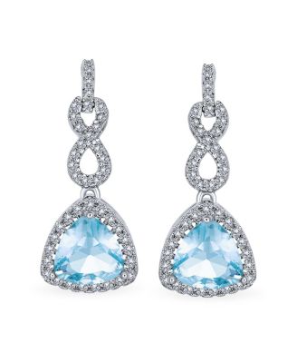 5CT Aqua Blue CZ Halo Cubic Zirconia Trillion Cut Infinity Chandelier Earrings Silver