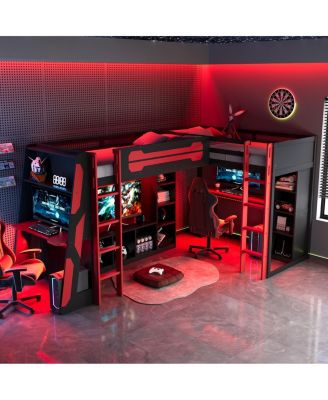 L-Shaped Twin Gaming Bed Frame w/ RGB, USB, TV Stand, Storage, Reversible