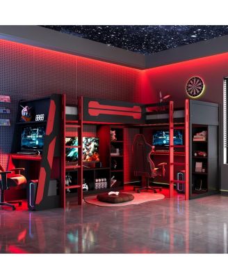 L-Shaped Twin Gaming Bed Frame w/ RGB, USB, TV Stand, Storage, Reversible