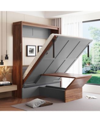 Full Size Murphy Bed with Foldable Desk &acirc;€“ Space Saving Wall Bed - Walnut & Gray