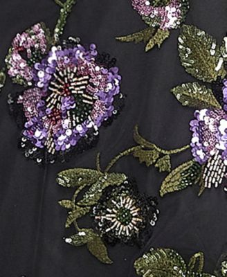 Juniors' Floral Embroidery Sequin Applique Front Slit Gown