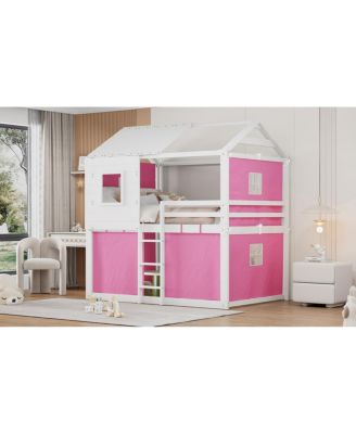 Full Size Bunk Wood House Bed with Tent