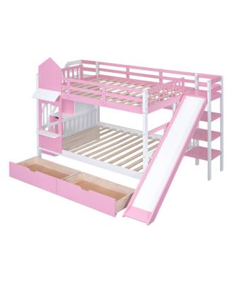 Full-Over-Full Castle Style Bunk Bed with 2 Drawers 3 Shelves and Slide