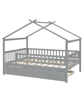 Full Size Wooden House Bed with Twin Size Trundle