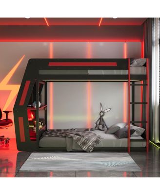 Full-Size Gaming Bunk Bed with RGB Desk, USB Ports, LED Strip & Cable Grommet