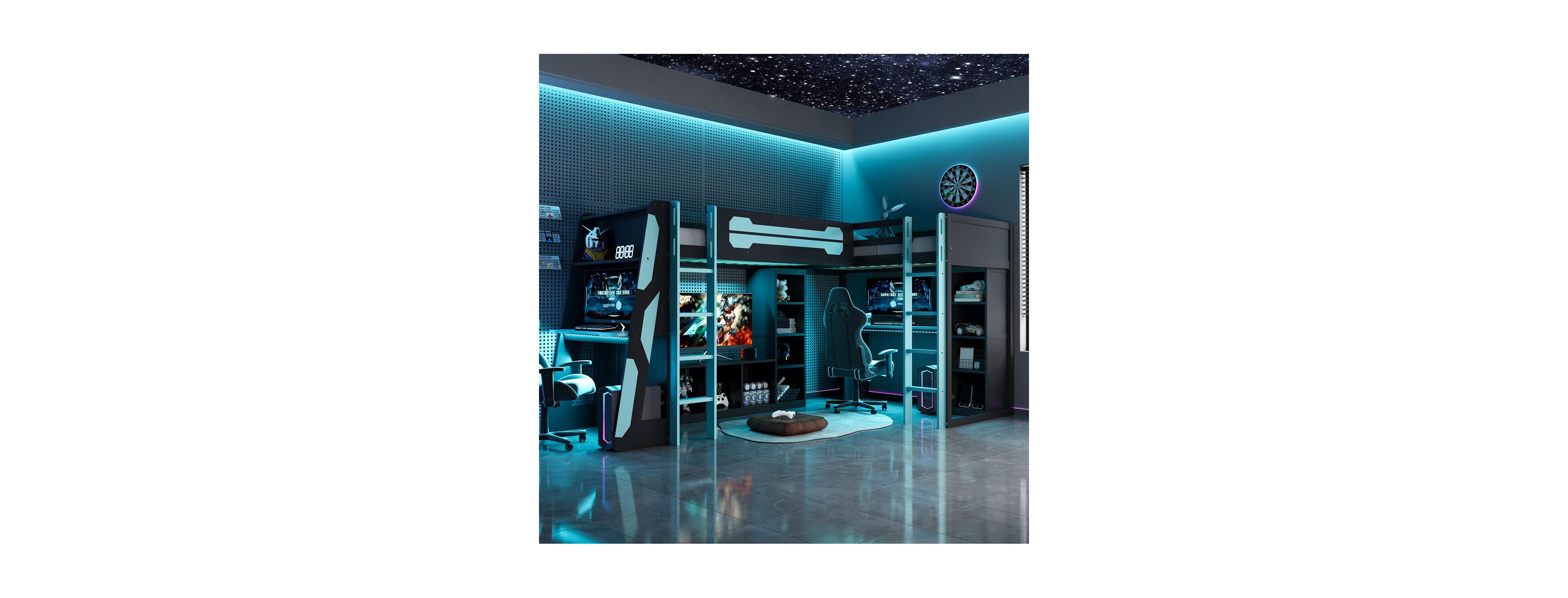 Streamdale Furniture L-Shaped Twin Gaming Bed Frame w/ Rgb, Usb, Tv Stand, Storage, Reversible