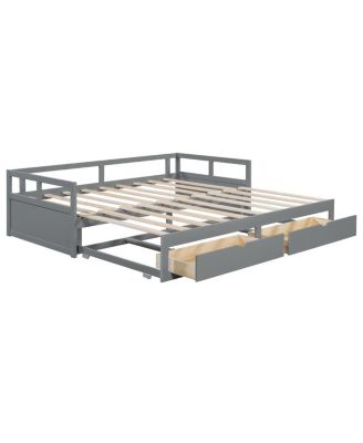 Wooden Daybed with Trundle and Storage Drawers, Extendable Sofa Bed