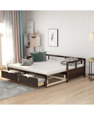 Wooden Daybed with Trundle and Storage Drawers, Extendable Sofa Bed