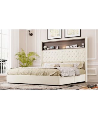 Queen Size Velvet Tufted Bed Frame with USB & Night Light