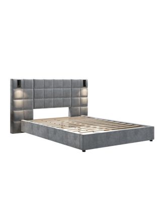 Queen Size Velvet Upholstered Bed Frame with USB Port