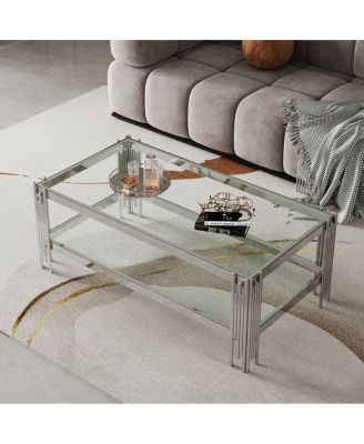 Double Layer Tempered Glass Coffee Table with Mirror Stainless Steel Frame