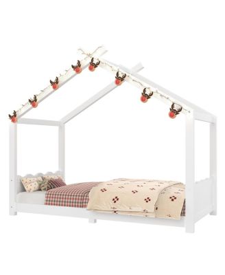 Twin House Floor Bed with Slats, Solid Wood House Bed Frame for Kids, White