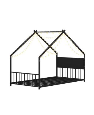 Streamdale Twin Size House Bed with Roof & Lights, Metal Frame, No Box Spring (Black)