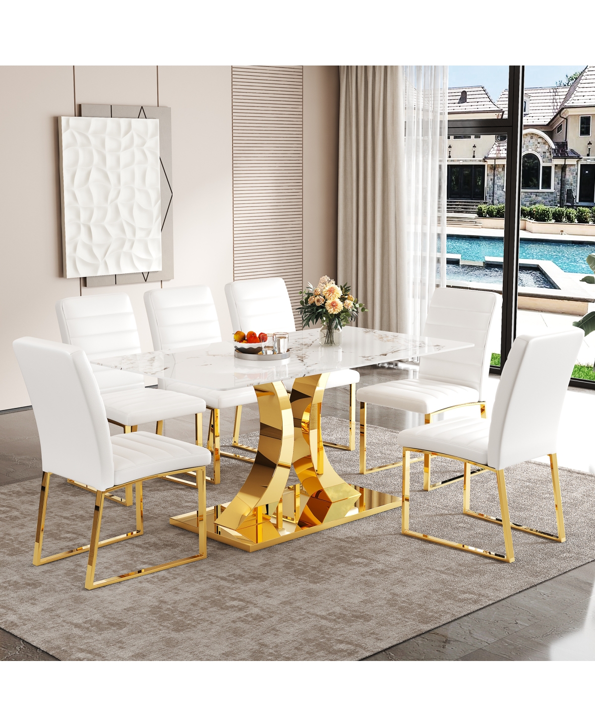 Streamdale Furniture Streamdale Marble patterned glass dining set with gold decor: 63" table + 6 chairs