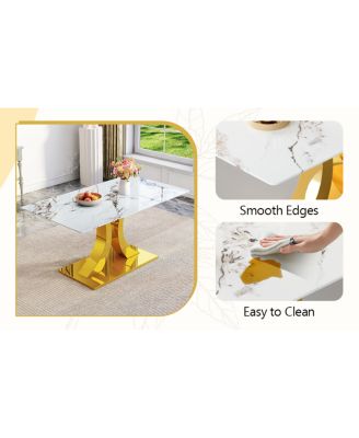 Streamdale Marble patterned glass dining set with gold decor: 63" table + 6 chairs