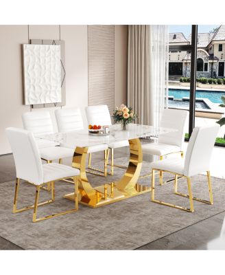 Streamdale Marble patterned glass dining set with gold decor: 63" table + 6 chairs