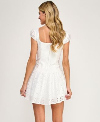 Juniors' Short Drop Waist Corsette Scoop Neck Eyelet Dress