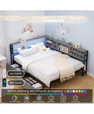 Space-Saving Corner Bed with Storage, Charging, and LED Lights