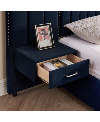 King Size Velvet Upholstered Bed Frame with Vertical Stripes & Headboard