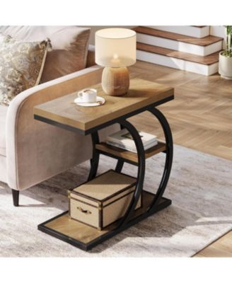 End Table for Living Room Set of 2, 3-Tier Narrow Wood Couch C-Shaped Side Table with Storage, Industrial Nightstand