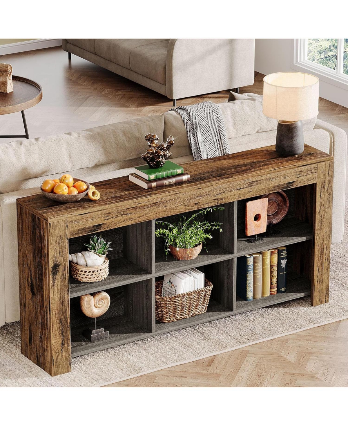 Tribesigns 63-Inch Long Console Table, Rustic Wood Entryway Table with 6 Storage Cubes, Industrial Narrow Sofa Table Behind Couch Table