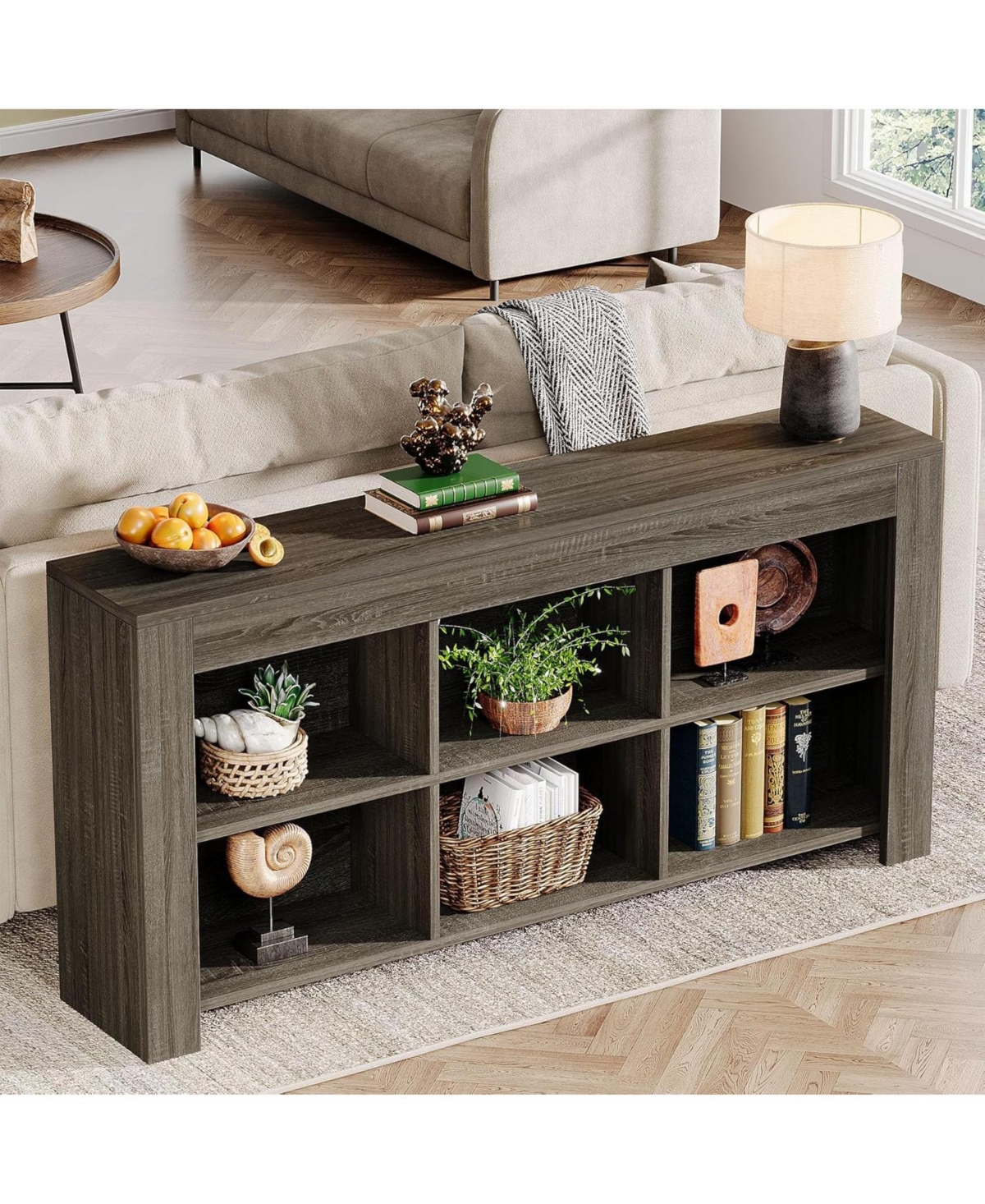 Tribesigns 63-Inch Long Console Table, Rustic Wood Entryway Table with 6 Storage Cubes, Industrial Narrow Sofa Table Behind Couch Table