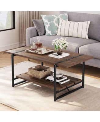 41" Large 2-Tier Gray Wood Coffee Table with Storage Shelf - Farmhouse Modern Rustic Metal Rectangle Center Living Room Coffee Table