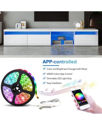 Design TV Stand w/ 2 Glass Shelves, Storage, LED Lights