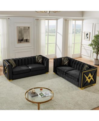 Streamdale Luxurious Velvet Sofa with Geometric Gold Hardware & Metal Feet