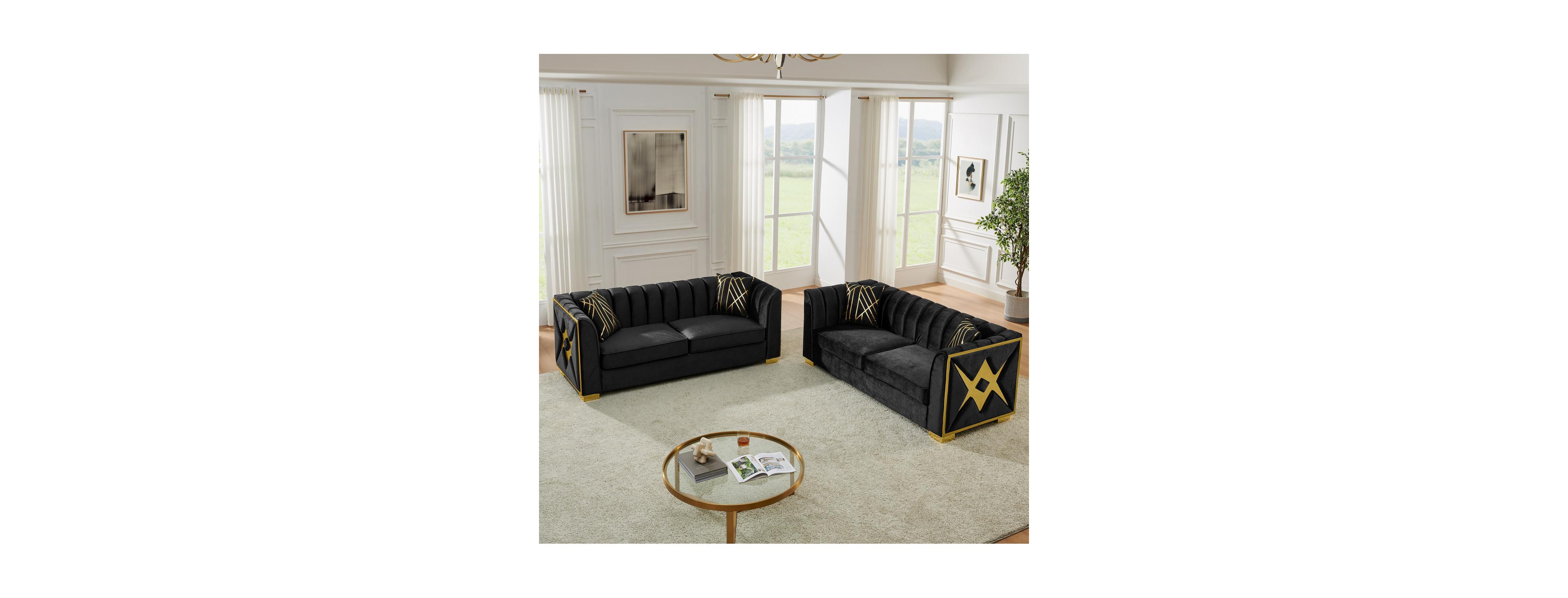 Streamdale Furniture Streamdale Luxurious Velvet Sofa with Geometric Gold Hardware & Metal Feet