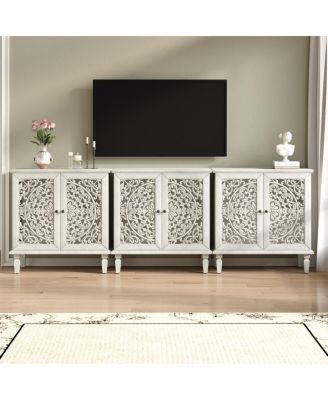 Vintage Carved 2-Door Accent Cabinet with Floral Design (Antique Gray White