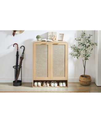 Streamdale Rattan Shoe Cabinet with Doors, 6-Tier Adjustable Shelves, Oak, 31.5"W x 13.8"D x 41"H.