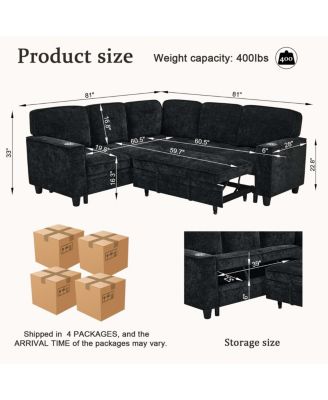 L-Shaped Sofa Bed with Storage & USB, Charcoal Gray