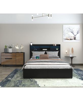 Queen Bed Frame with 6 Storage Drawers, LED, Charging Station, Black