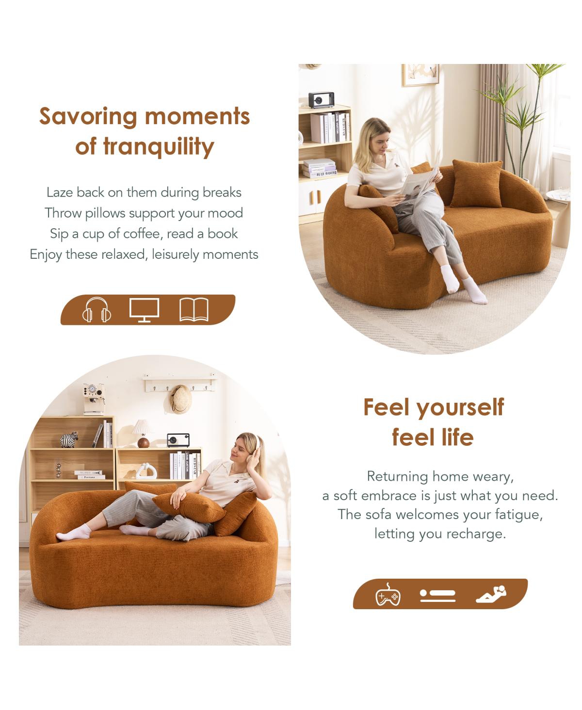 Streamdale Furniture Streamdale Curved Boneless Sofa Loveseat, 2-Seater Orange Chenille Compression Couch with 3 Pillows