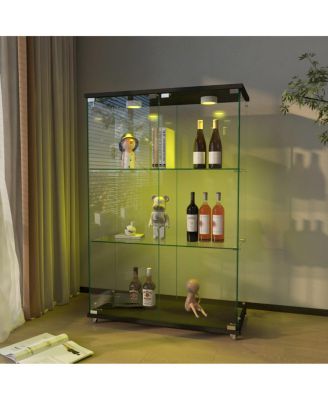 Modern LED Glass Display Cabinet, 2-door 3-shelf, Transparent+Black