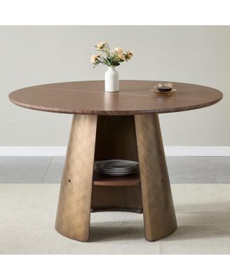 Streamdale 47.25" Round Dining Table, Retro Style, Seats 4-6, Walnut Wood/Bronze