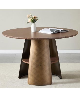 Streamdale 47.25" Round Dining Table, Retro Style, Seats 4-6, Walnut Wood/Bronze