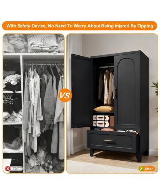 60" Tall Metal Wardrobe Cabinet with Drawer, Rod, Shelf, 2 Doors