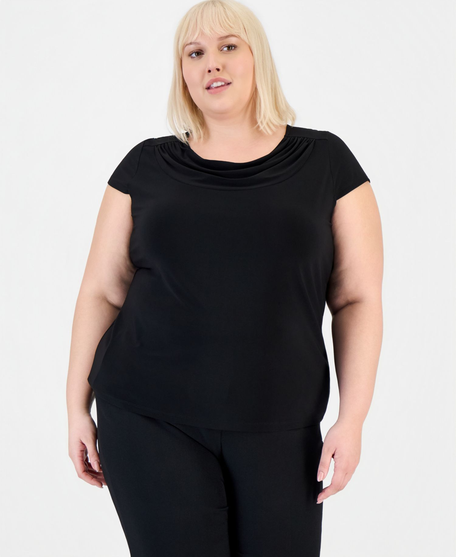 Plus Size Stretch Knit Short-Sleeve Cowl-Neck Top