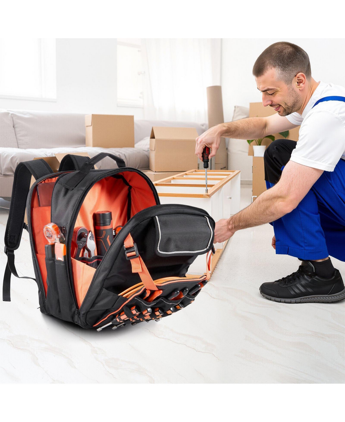 Mecale Tool Backpack, 45 Pockets, Heavy-Duty Tool Organizer with Laptop Compartment & Reinforced Fabric Base, Electrician Jobsite Bag