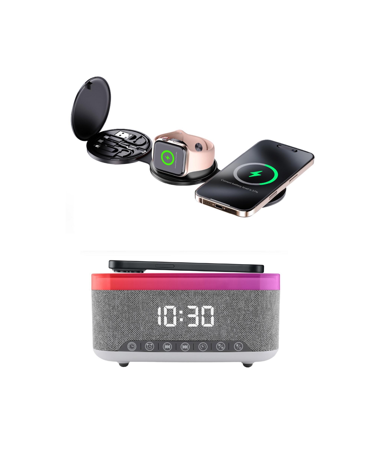 Pursonic Ultimate 5-in-1 Folding Wireless Charging Station and Alarm Clock for iPhone, Apple Watch, and AirPods - Black