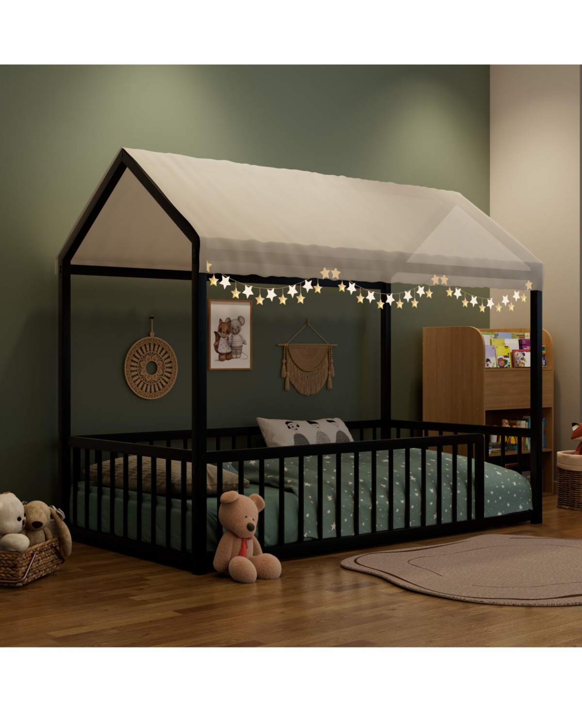Streamdale Furniture Twin Montessori Metal Floor Bed Frame, House with Fence, Easy Assemble, Black