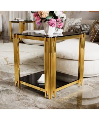 Modern Black Mirror End Table with Gold Finish & Lower Shelf, 19.9