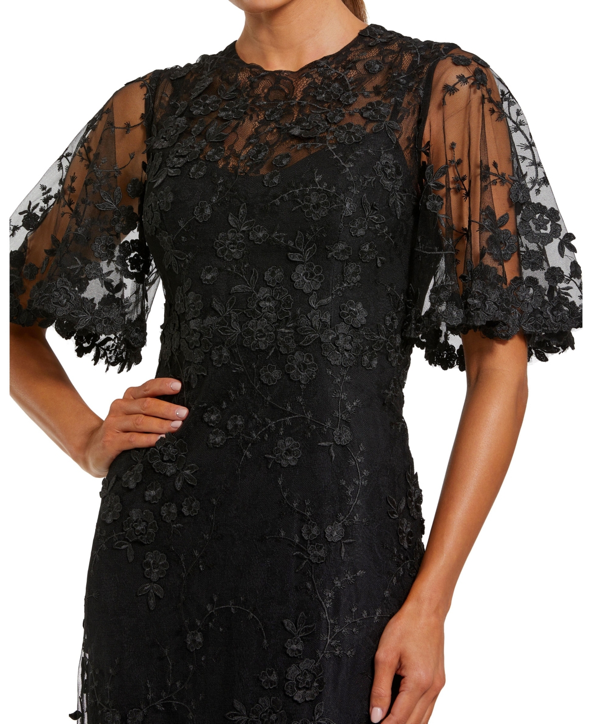 Mac Duggal Women's Flutter Sleeve Floral Emboridered Net Gown