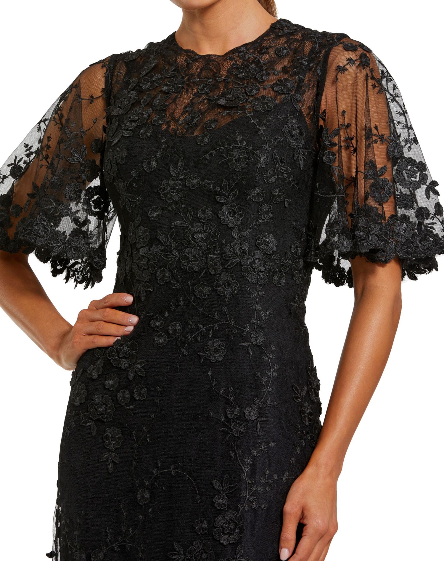 Women's Flutter Sleeve Floral Emboridered Net Gown