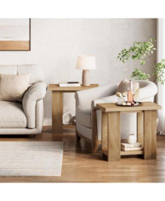 2-Tier Side Table, Farmhouse End Table with Storage Shelves, Small Nightstand Wooden Beside Table Bed Side Table